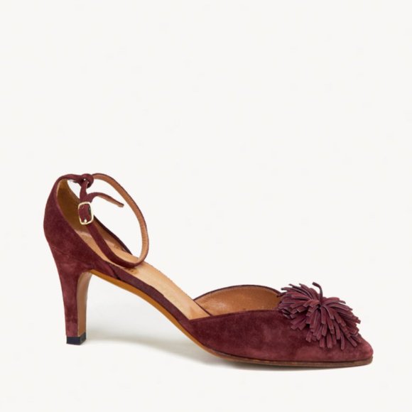 Charles Jourdan Shoes - Charles Jourdan Maroon Pom Pom Suede Heel with Ankle Strap Winter Fall Vintage